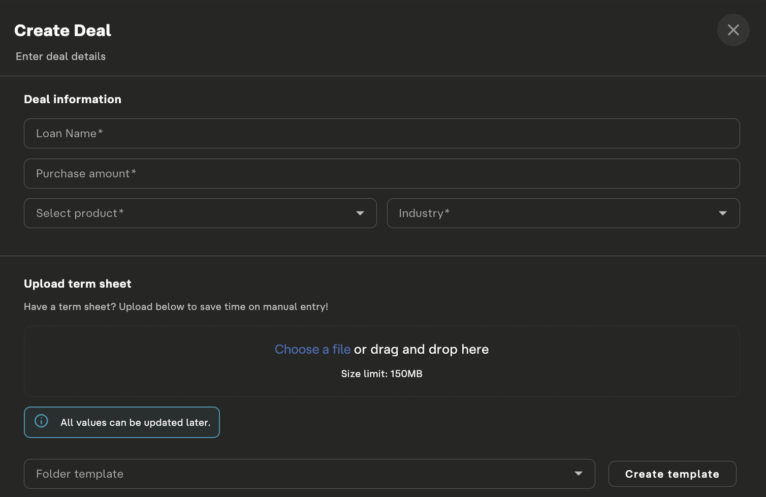 Create Deal — Upload term sheet for AI-powered data extraction